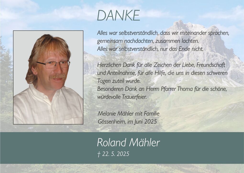 Dankeskartenlayout mit einem Foto eines Mannes und Dankestext in einem naturgepr&auml;gten Hintergrund.