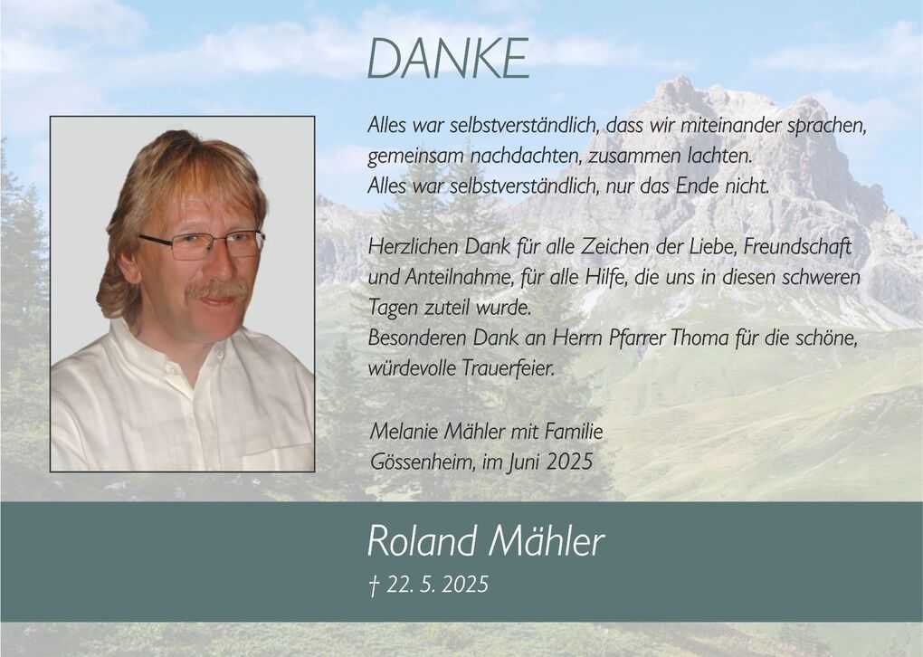 Dankeskartenlayout mit einem Foto eines Mannes und Dankestext in einem naturgepr&auml;gten Hintergrund.