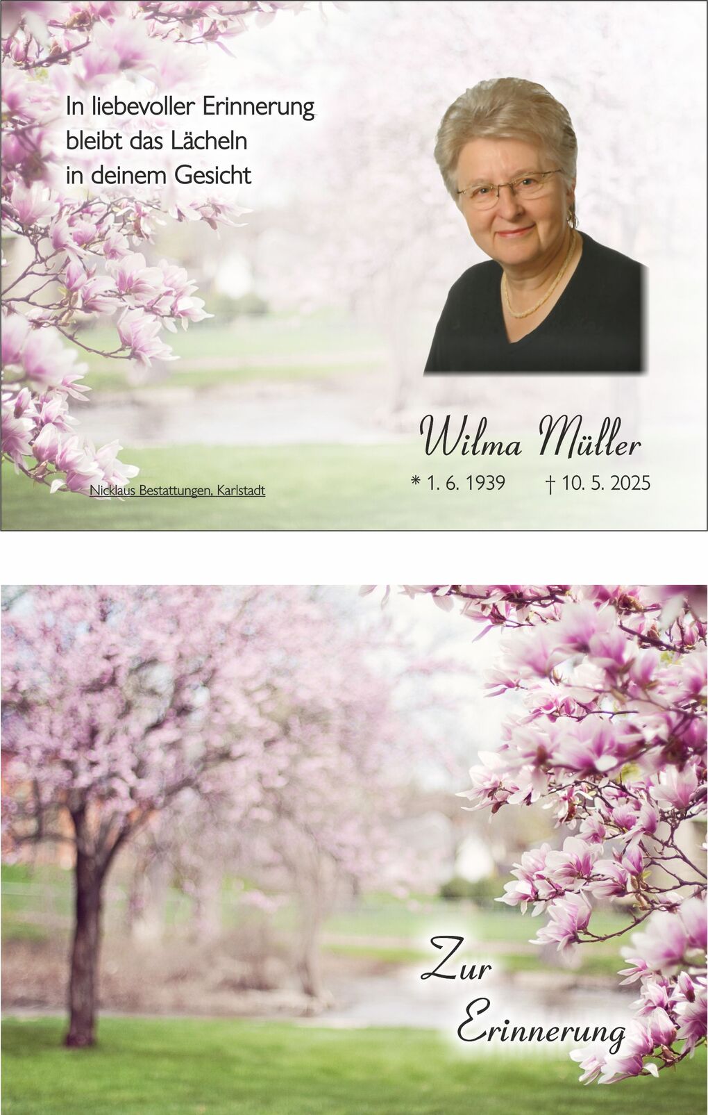 Erinnerungskarte mit einem Foto von Wilma M&uuml;ller, umgeben von bl&uuml;henden Kirschb&auml;umen und einer Gedenkbotschaft.