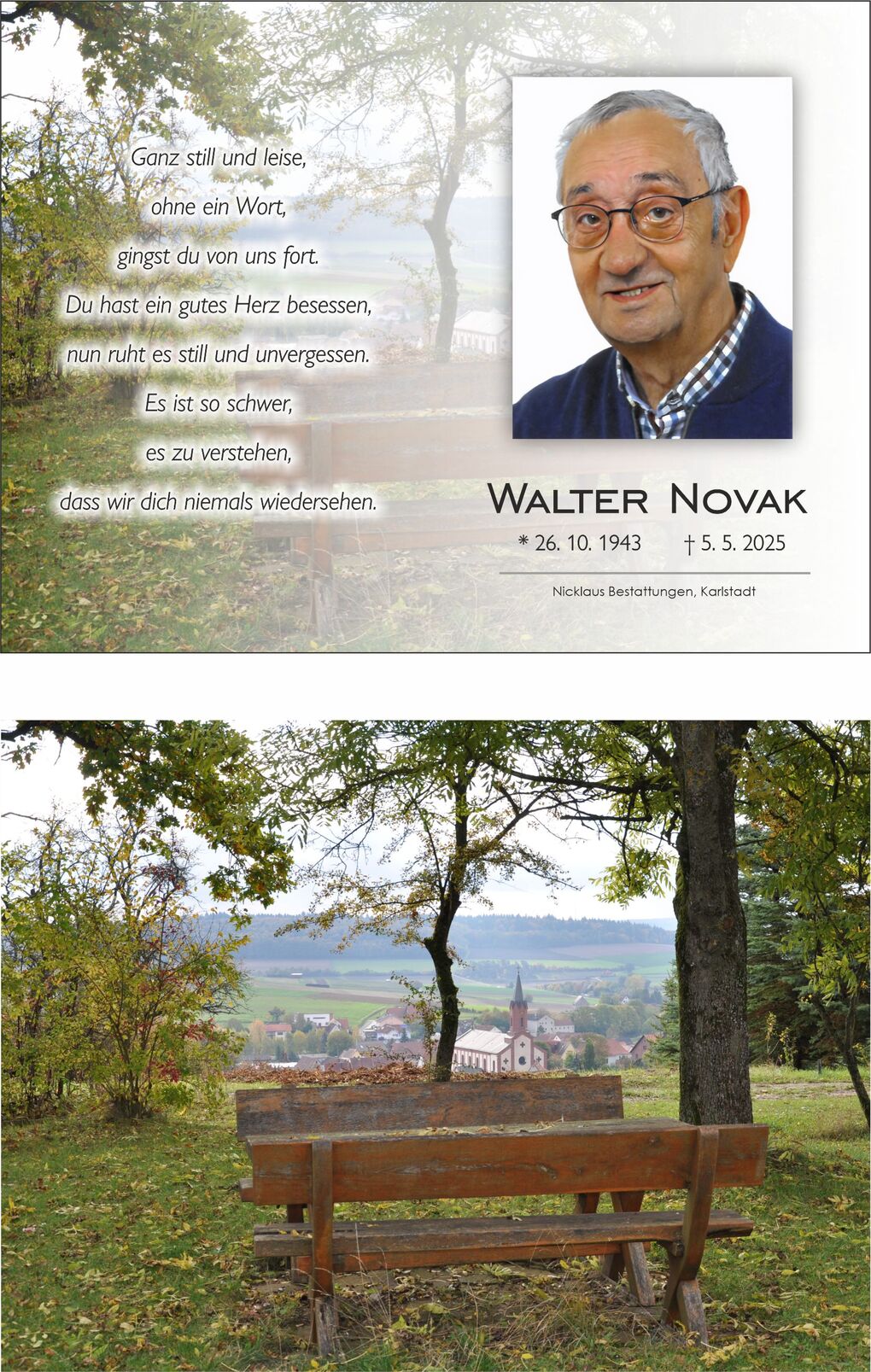 Portr&auml;t von Walter Novak mit biografischen Daten und gedrucktem Trauerspruch, hinterlegt mit einer Landschaft und Bank.