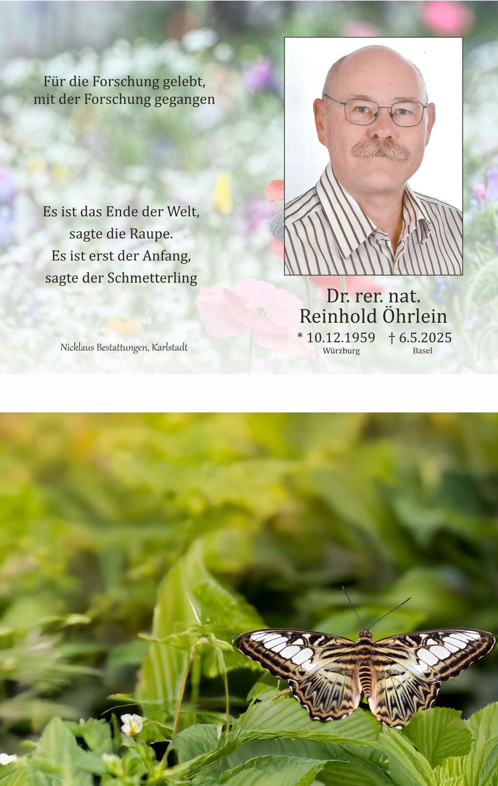 Bild eines Schmetterlings auf gr&uuml;nen Bl&auml;ttern im Hintergrund einer unscharfen Blumenlandschaft und einer Trauerbotschaft.