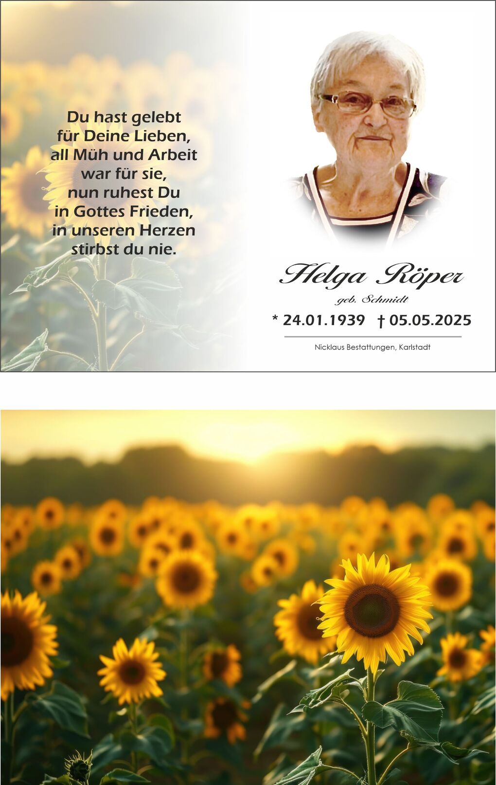Portr&auml;t einer &auml;lteren Frau mit Brille und grauen Haaren, umgeben von Sonnenblumen und einem Trauerspruch.