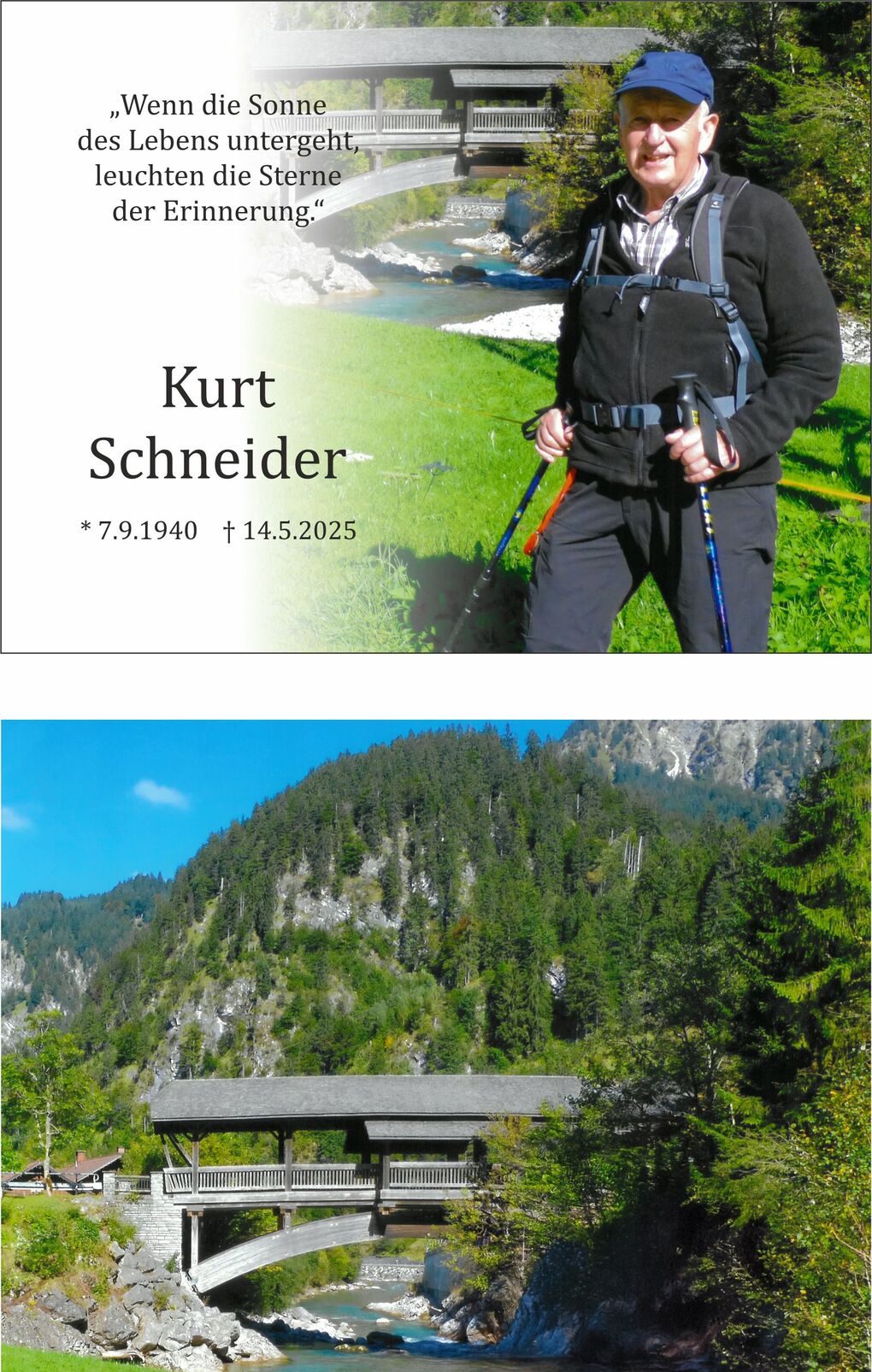 Portr&auml;t von Kurt Schneider auf einer Wanderung vor einer Holzbr&uuml;cke und einem Gebirgsfluss, umgeben von B&auml;umen und Wiese.