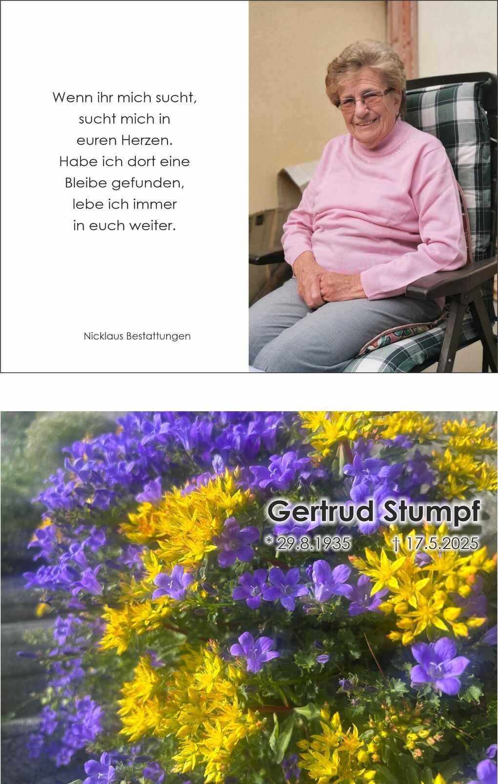 Portr&auml;t einer &auml;lteren Frau in einem Sessel, in rosa Pullover, l&auml;chelnd vor einer beige Wand. Textzitat links daneben.