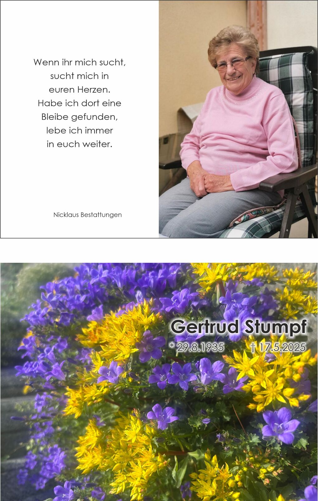 Porträt einer älteren Frau in einem Sessel, in rosa Pullover, lächelnd vor einer beige Wand. Textzitat links daneben.