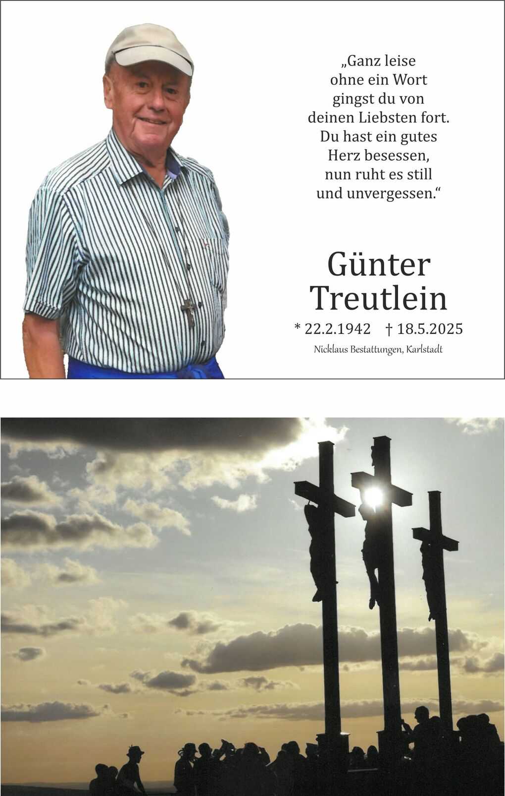 Portr&auml;t von G&uuml;nter Treutlein mit Geburts- und Sterbedaten, umgeben von einem Trauergedicht. Schattenriss von drei Holzkreuzen.