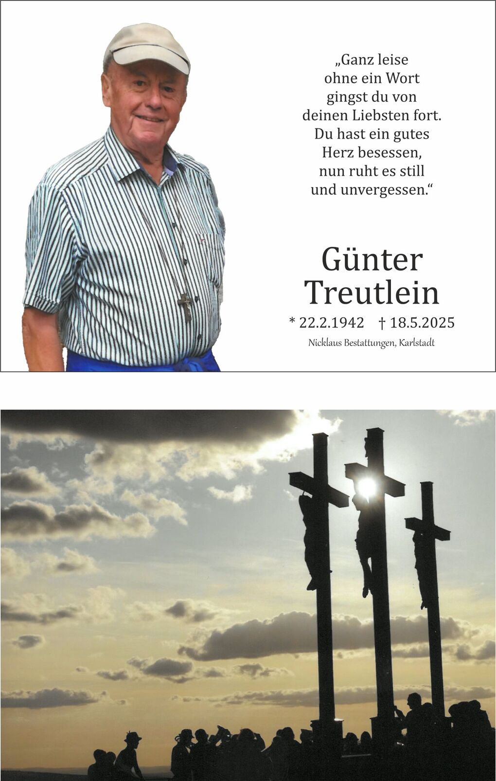 Porträt von Günter Treutlein mit Geburts- und Sterbedaten, umgeben von einem Trauergedicht. Schattenriss von drei Holzkreuzen.