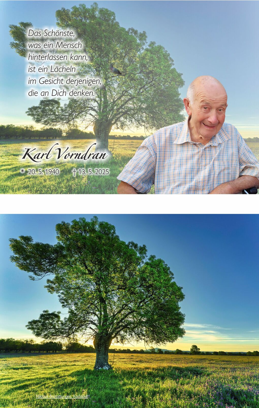 Portr&auml;t eines l&auml;chelnden &auml;lteren Mannes neben einem Baum, umgeben von Wiese und Himmel, mit Erinnerungstext und Daten.