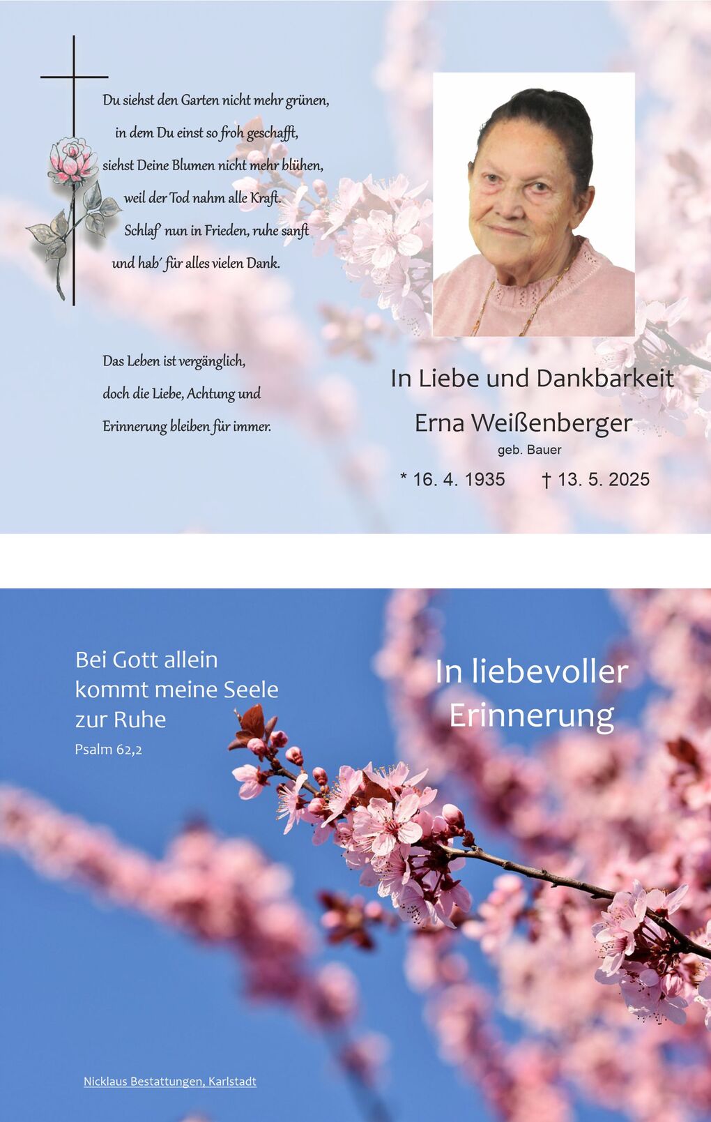 Trauerkarte mit einem Foto einer Frau und Kirschbl&uuml;ten-Hintergrund, Text &uuml;ber Liebe, Dankbarkeit und Erinnerung.