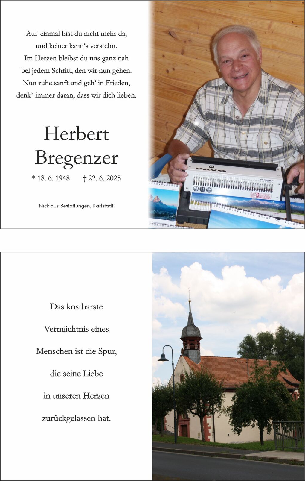 Portr&auml;t eines l&auml;chelnden Mannes mit einem Notenblatt am Tisch, daneben ein Trauerspruch und eine Kirche im Hintergrund.