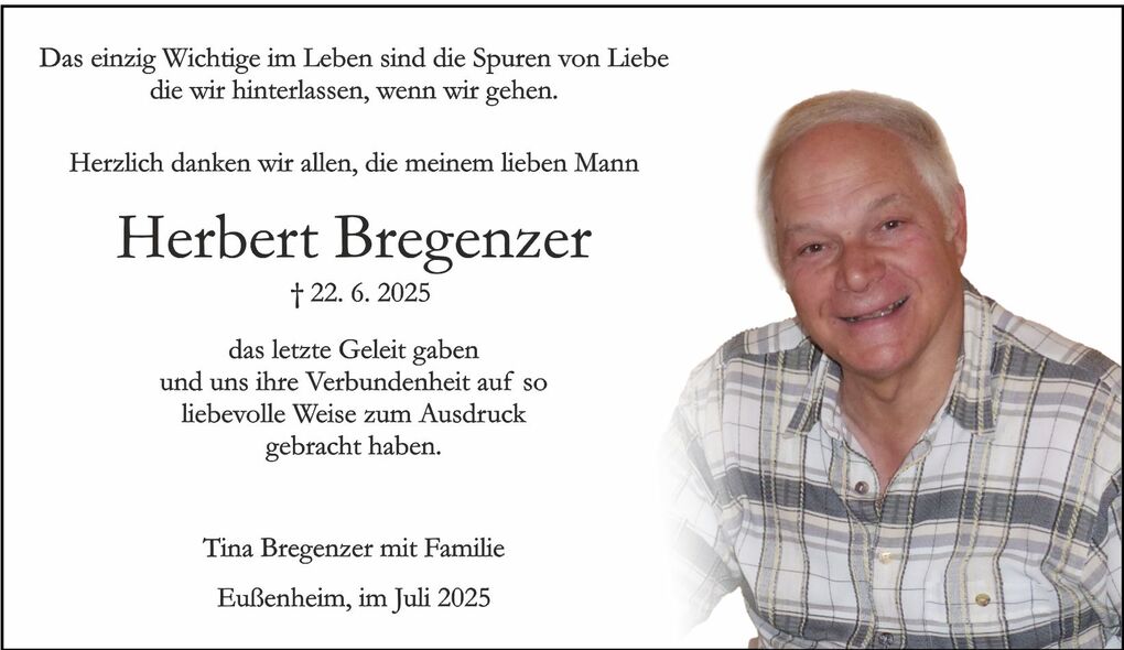 Traueranzeige f&uuml;r Herbert Bregenzer, mit einem Foto des l&auml;chelnden Mannes, umgeben von einem schwarzen Rahmen.