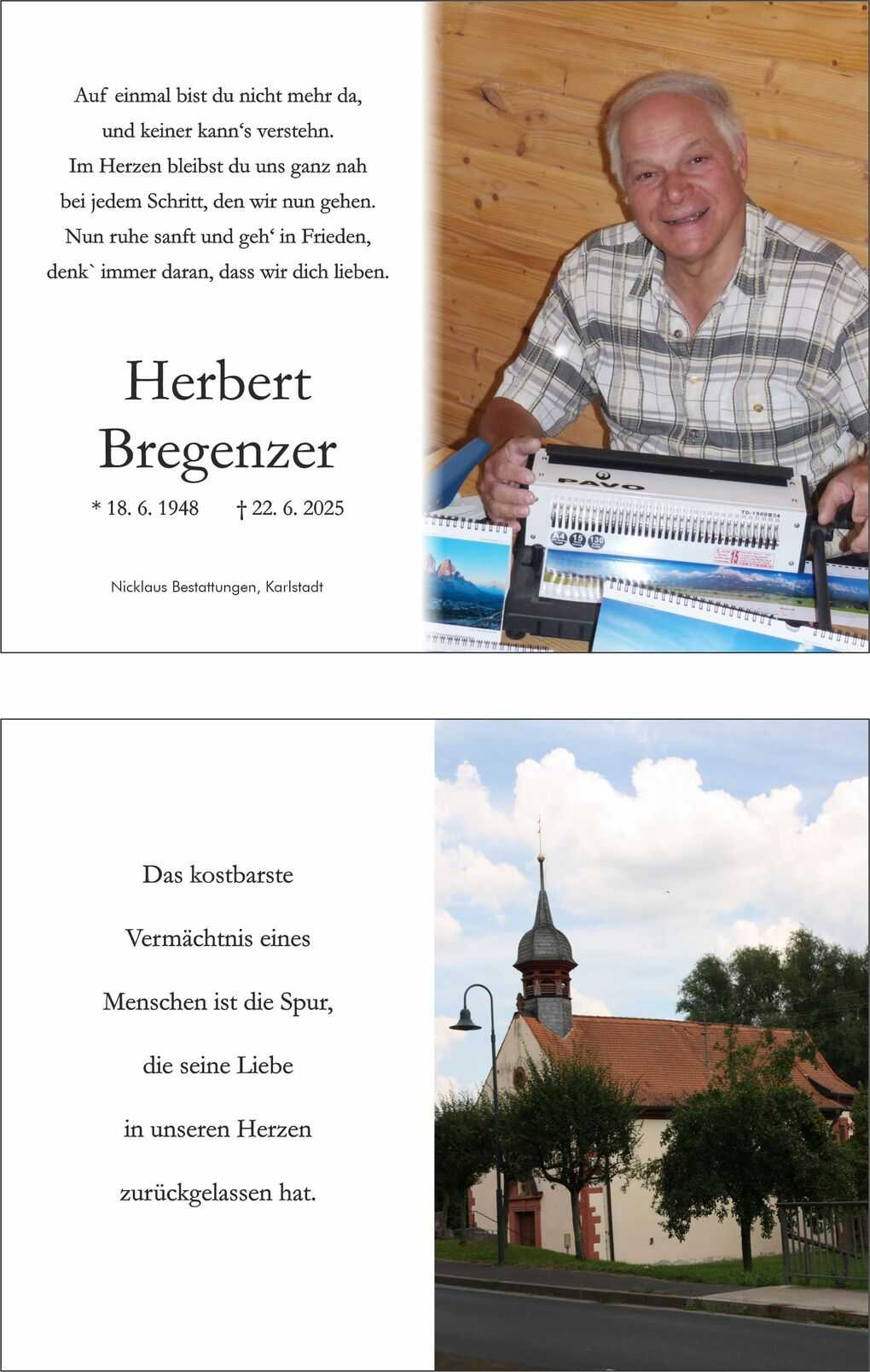 Portr&auml;t eines l&auml;chelnden Mannes mit einem Notenblatt am Tisch, daneben ein Trauerspruch und eine Kirche im Hintergrund.