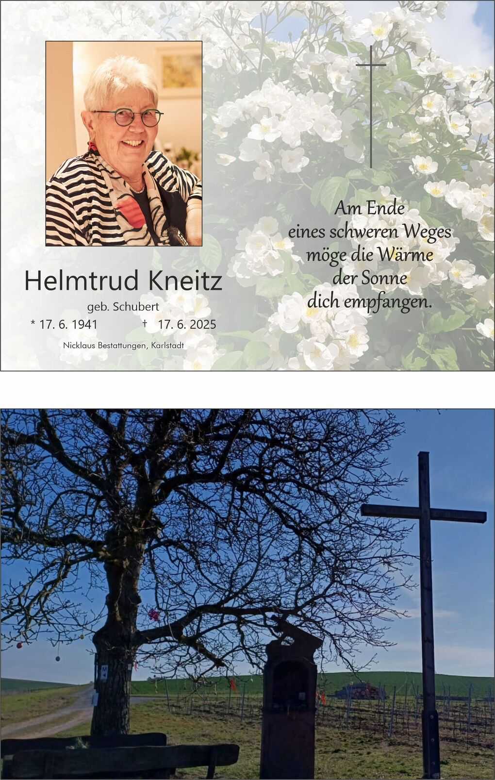 Eine Gedenktafel mit Foto einer l&auml;chelnden Frau, umrahmt von Blumen, und einer Inschrift &uuml;ber den Lebensweg.