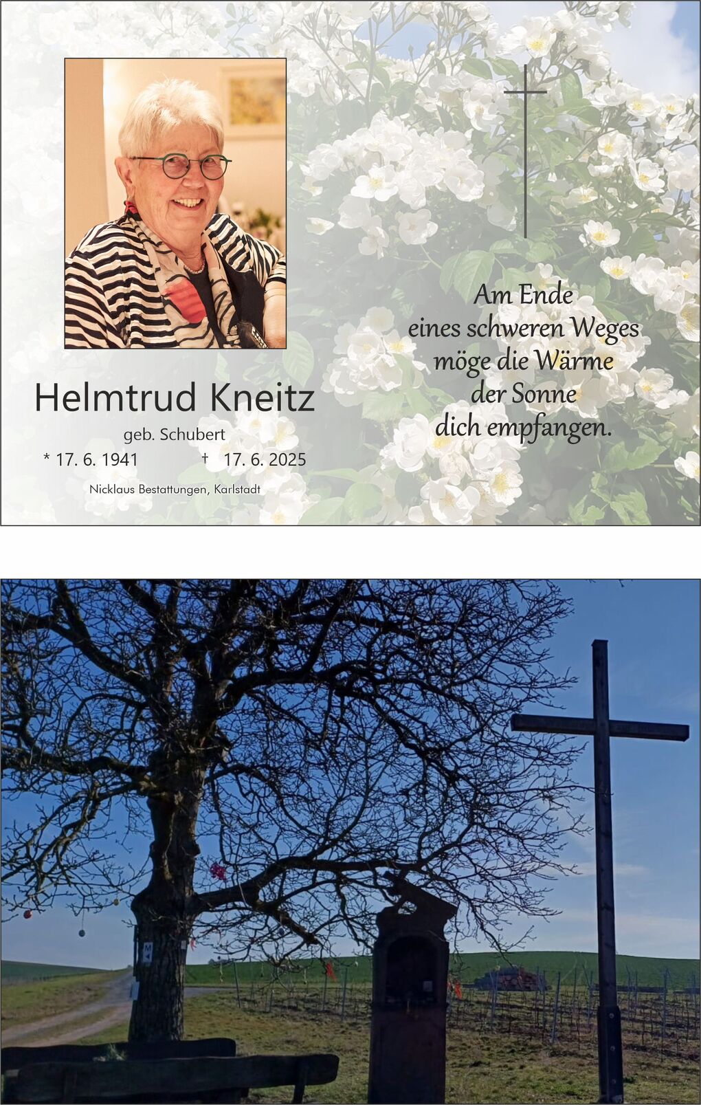 Eine Gedenktafel mit Foto einer lächelnden Frau, umrahmt von Blumen, und einer Inschrift über den Lebensweg.