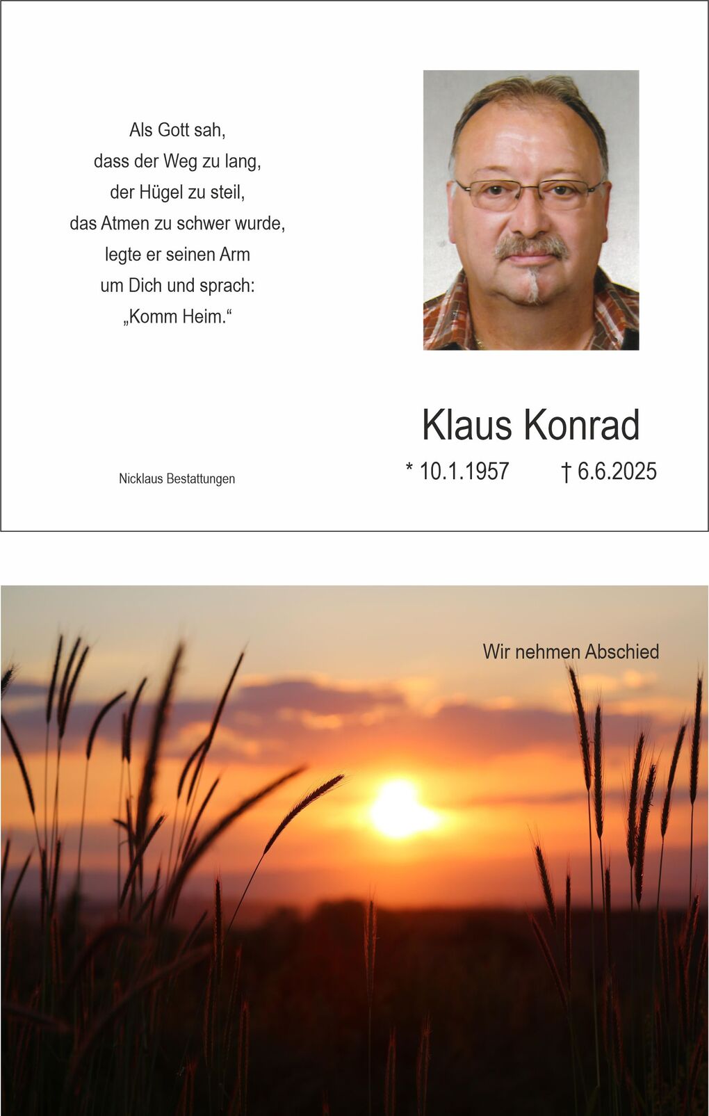 Traurige Abschiedskarte mit Foto eines Mannes und dem Text "Wir nehmen Abschied" &uuml;ber einer Sonnenuntergangslandschaft.