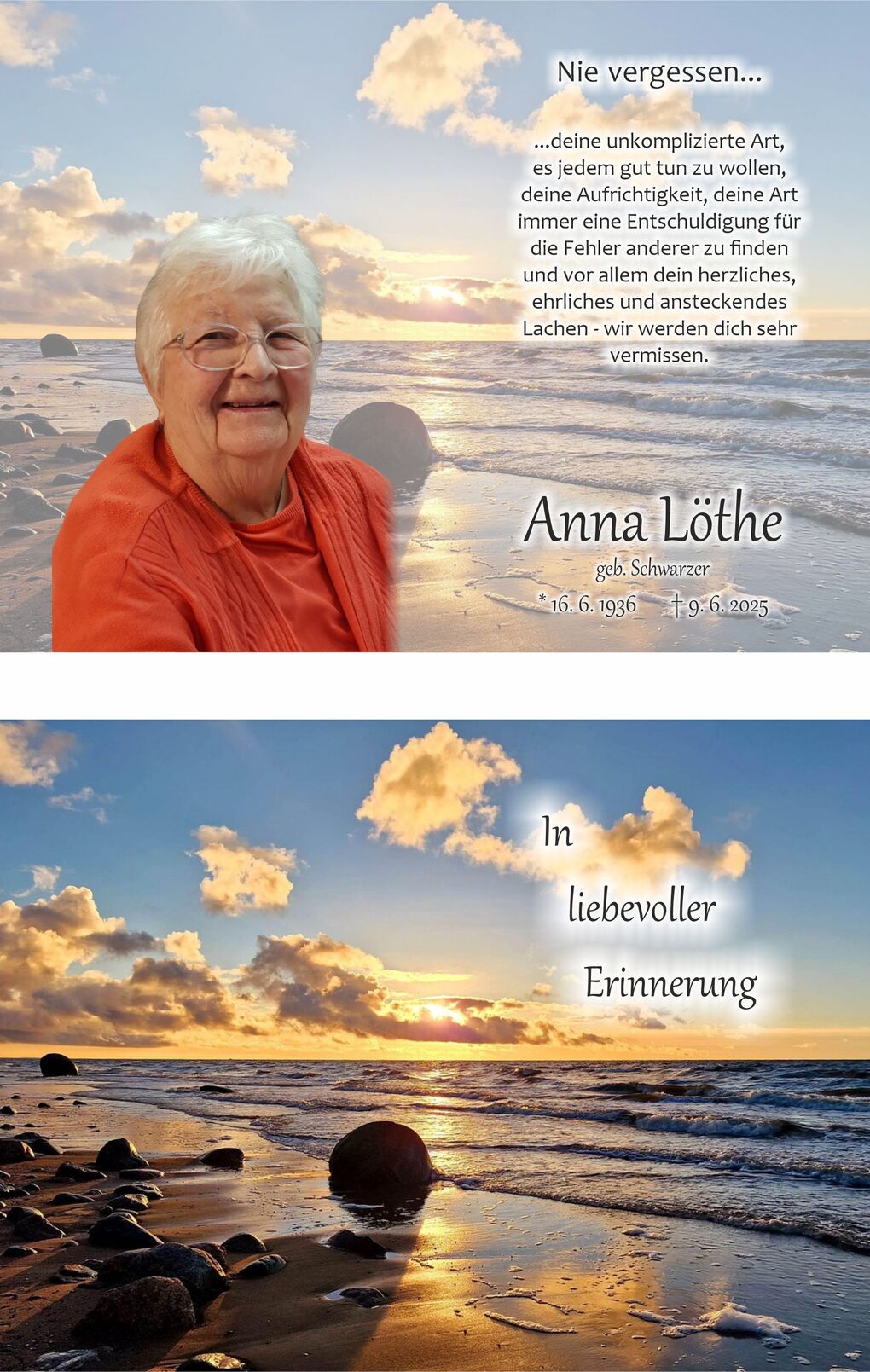 Portrait einer älteren Frau mit Brille und grauen Haaren, vor einem maritimen Sonnenuntergang, umgeben von Felsen.