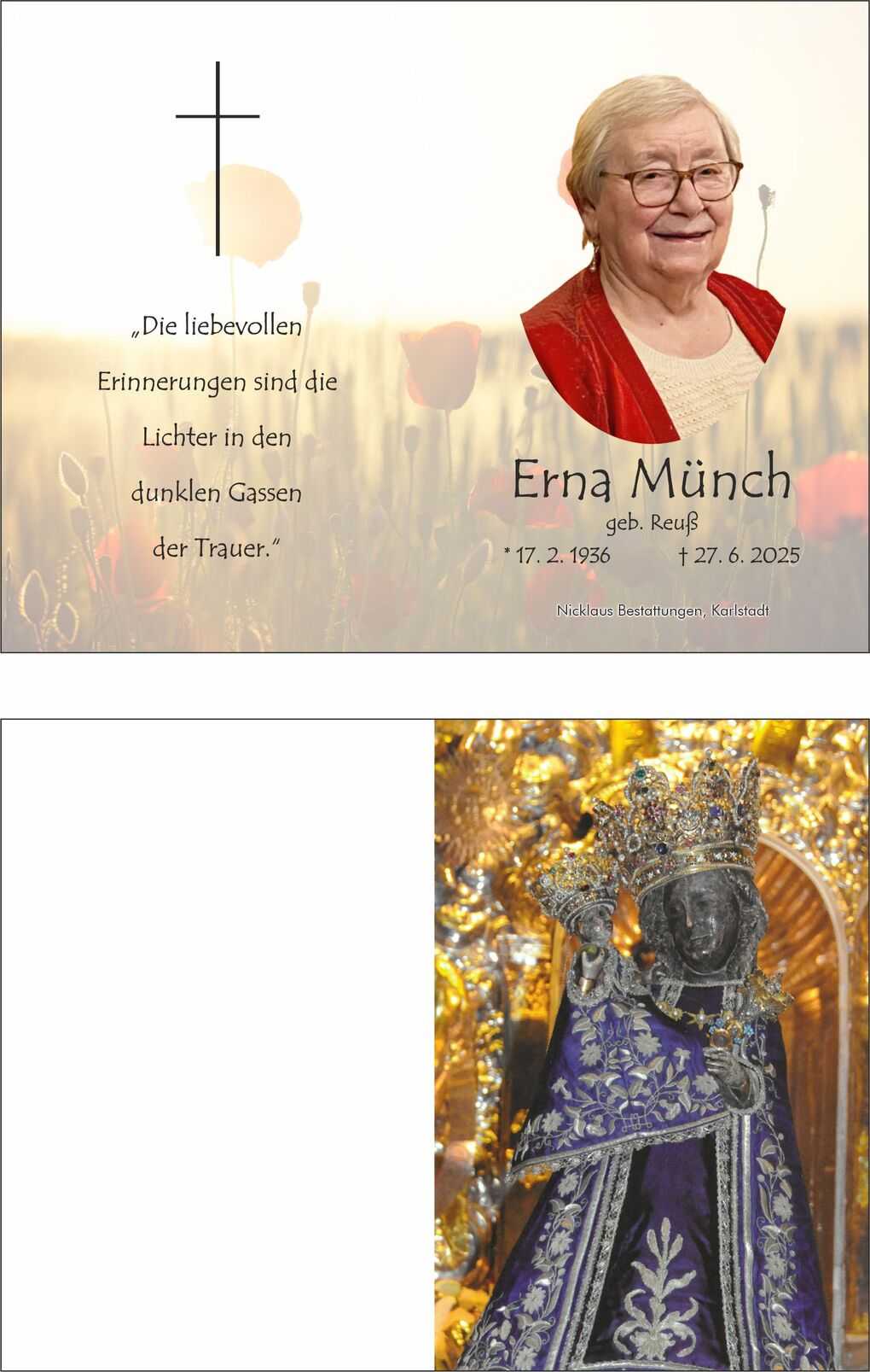 Trauerkarte mit dem Bild von Erna M&uuml;nch und einer sch&ouml;pferischen Botschaft &uuml;ber Erinnerungen in einem bl&uuml;henden Feld.