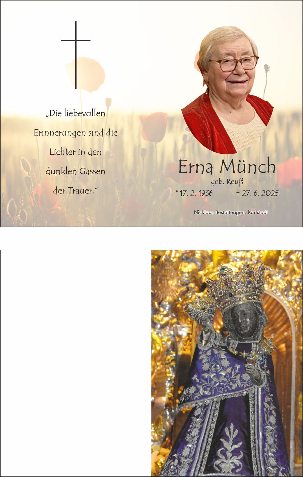 Trauerkarte mit dem Bild von Erna Münch und einer schöpferischen Botschaft über Erinnerungen in einem blühenden Feld.