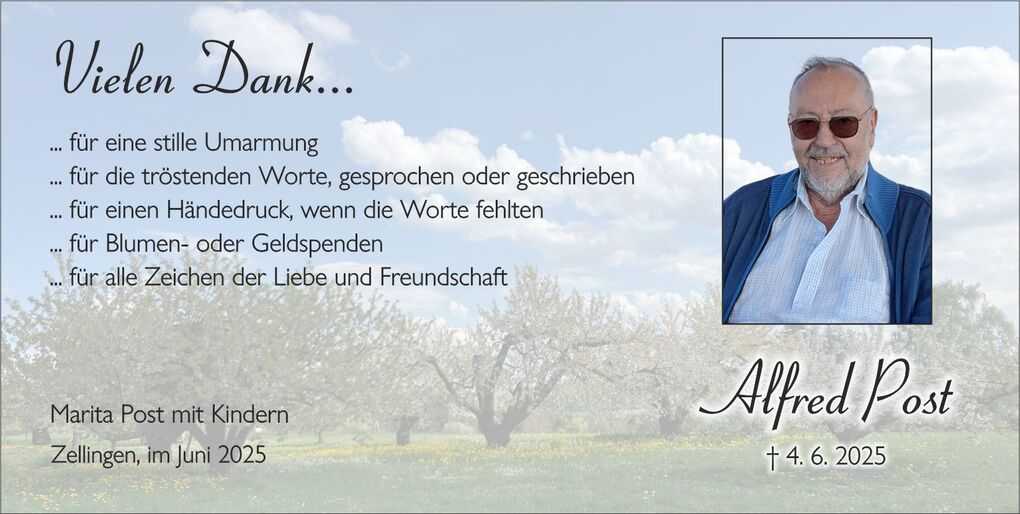 Dankeskarte mit Text und Bild eines l&auml;chelnden &auml;lteren Mannes in einem bl&uuml;henden Obstgarten, Datum und Namen unten.