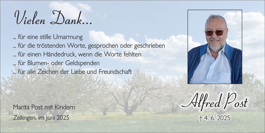Dankeskarte mit Text und Bild eines lächelnden älteren Mannes in einem blühenden Obstgarten, Datum und Namen unten.