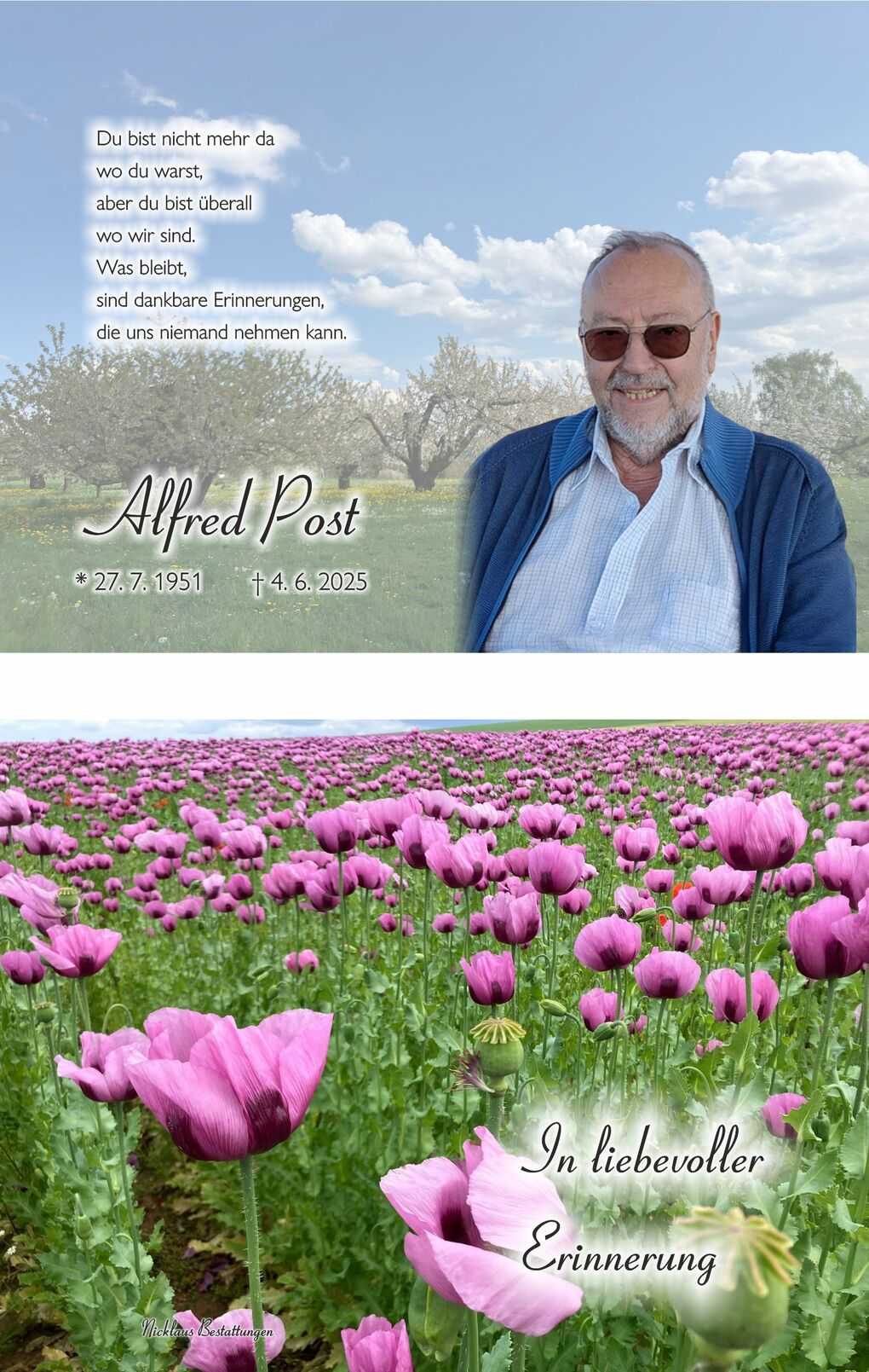 Collage mit einem l&auml;chelnden &auml;lteren Mann vor bl&uuml;henden Obstb&auml;umen und einem Feld voll lila Mohnblumen, &uuml;berschrieben mit Trauerspruch.