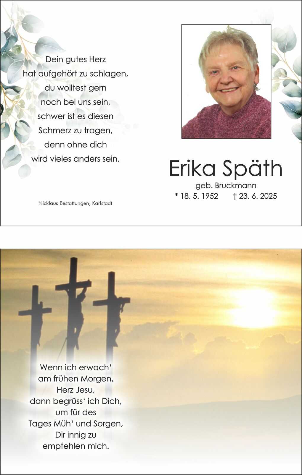 Sterbebild f&uuml;r Erika Sp&auml;th, mit einem Foto der Verstorbenen und Trauergedicht auf der linken Seite, Kreuze im Sonnenaufgang rechts.