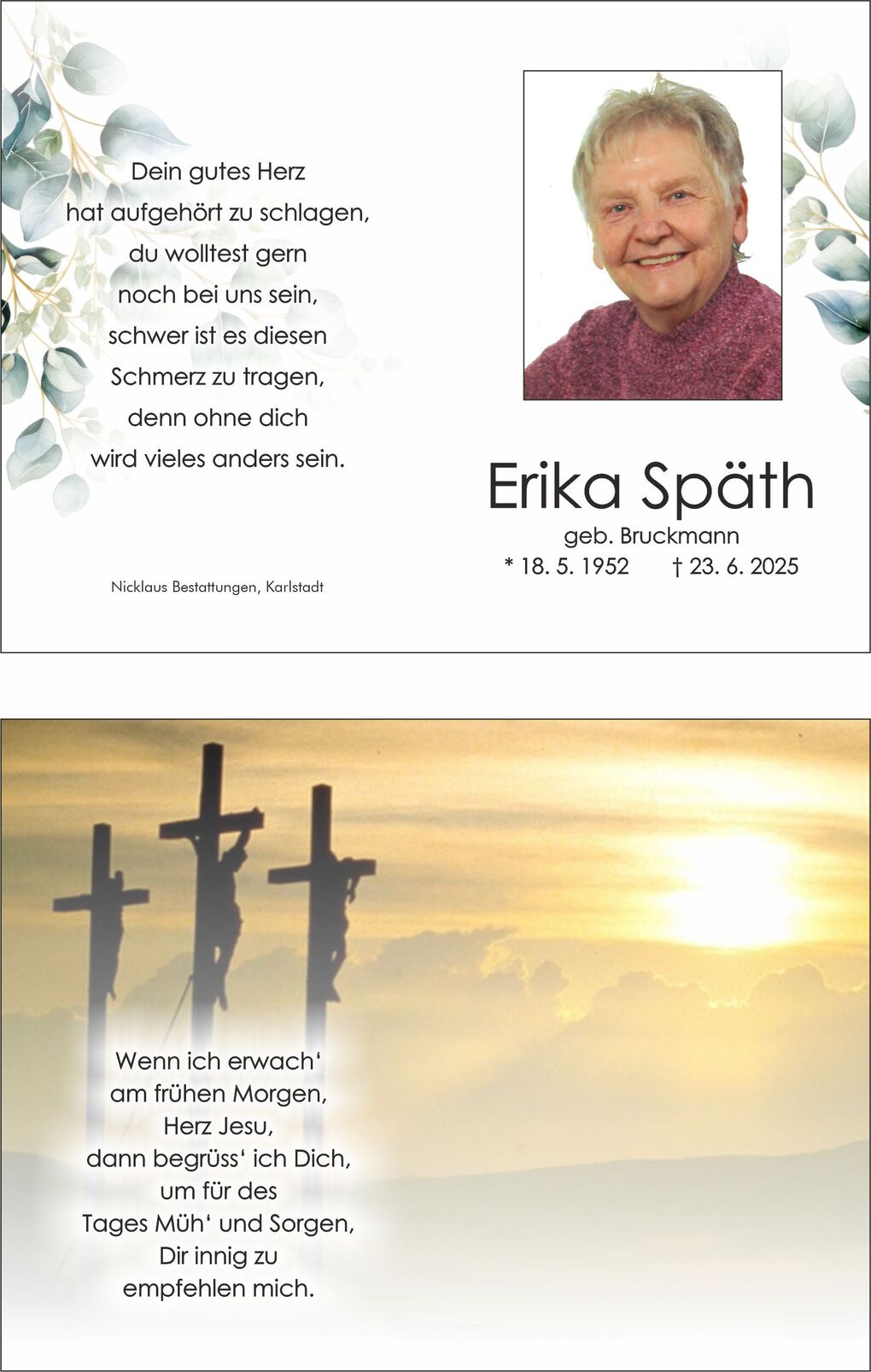 Sterbebild für Erika Späth, mit einem Foto der Verstorbenen und Trauergedicht auf der linken Seite, Kreuze im Sonnenaufgang rechts.