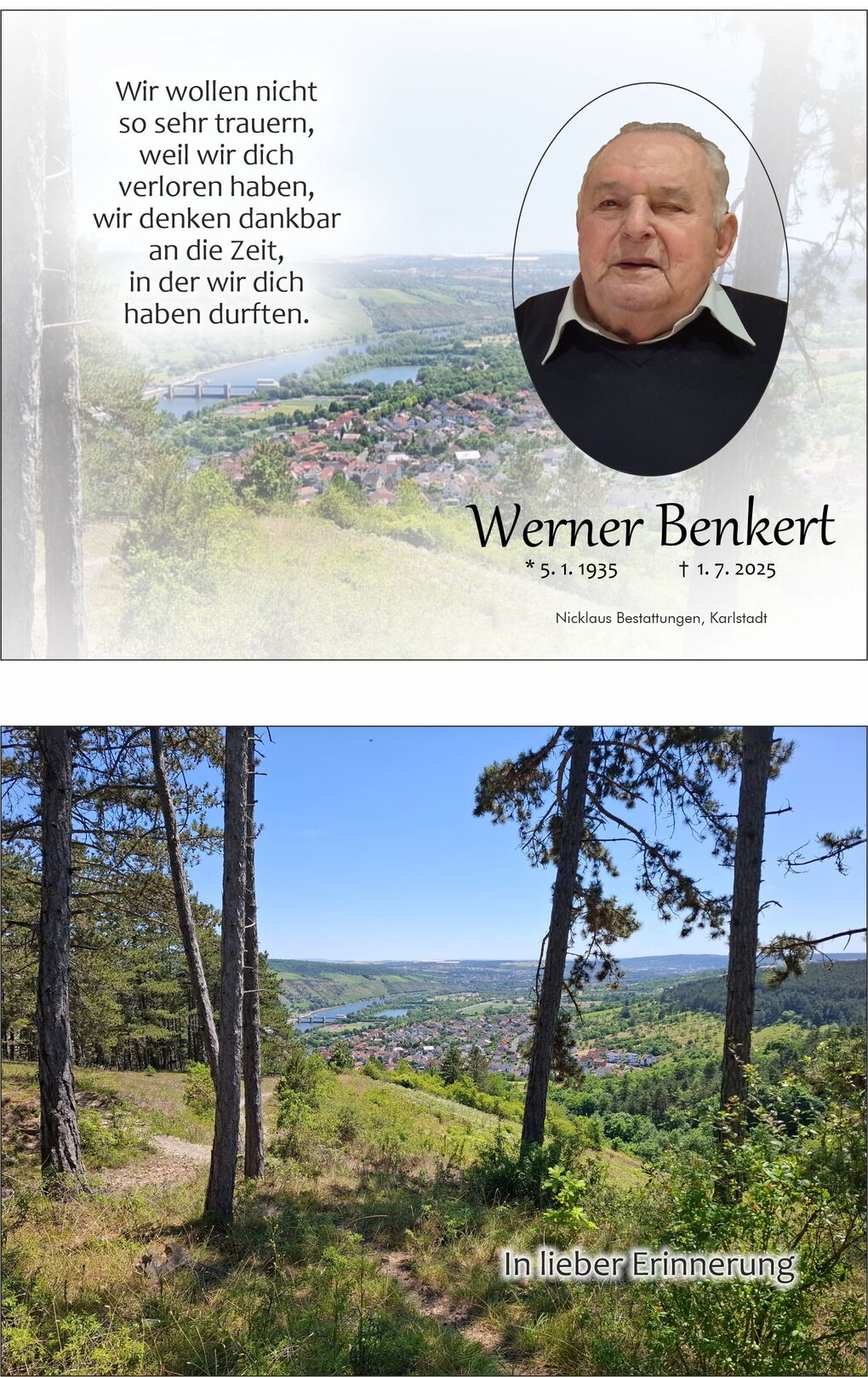 Gedenkbild f&uuml;r Werner Benkert mit Portrait, Datum und Landschaft hinter einem weiten Tal mit bl&uuml;henden B&auml;umen.