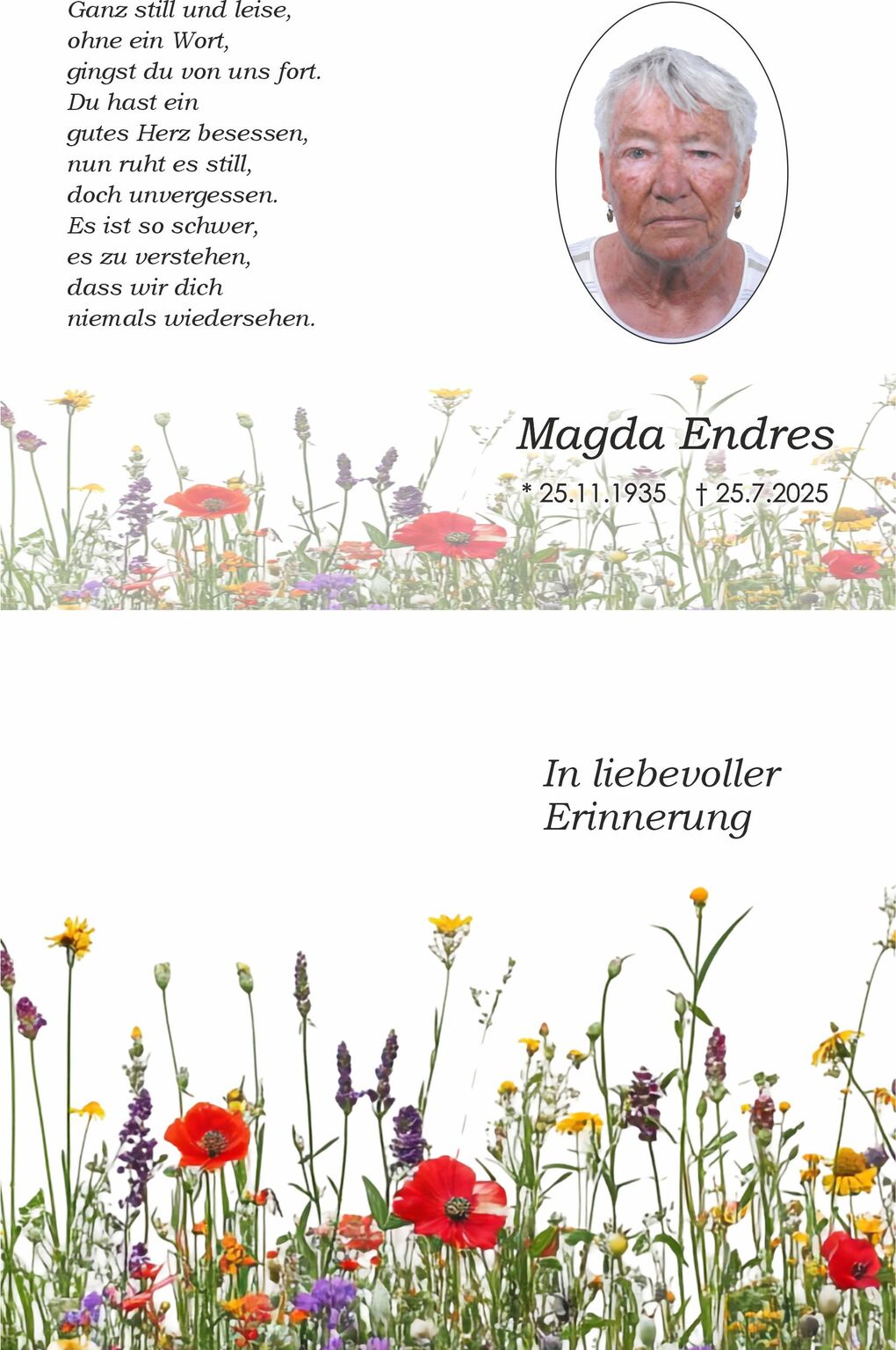 Gedenkbild mit einem Portr&auml;t einer &auml;lteren Frau und Blumenmotiv, umrahmt von einem Gedicht und den Lebensdaten.