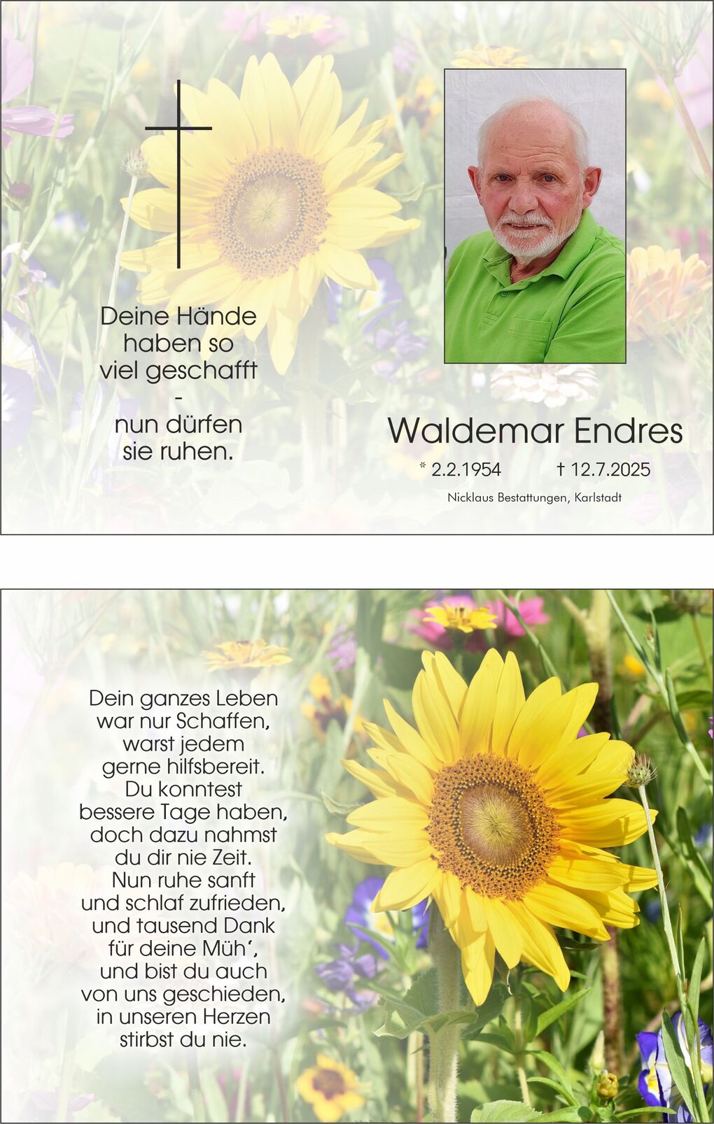 Gedenkbild mit Texten und einer Sonnenblume, Foto von Walde-mar Endres, umgeben von bunten Blumen.