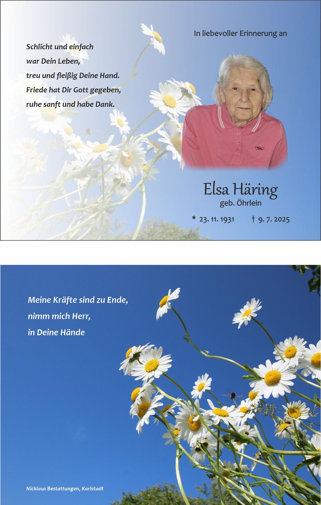 Gedenkart mit Foto einer &auml;lteren Frau und wei&szlig;en Margeriten vor blauem Himmel, umrahmt von Trauerspr&uuml;chen.