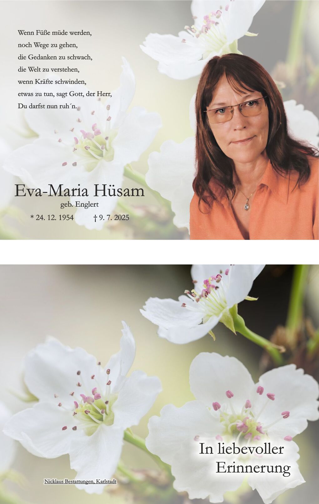 Portrait von Eva-Maria H&uuml;sam umgeben von bl&uuml;henden wei&szlig;en Blumen, mit Daten zur Geburt und zum Tod.