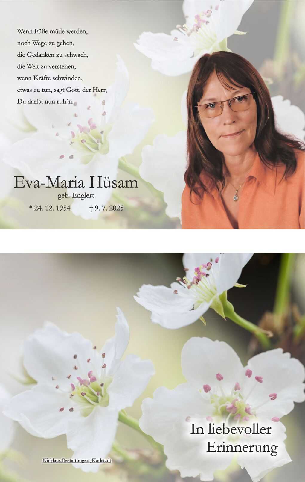 Portrait von Eva-Maria H&uuml;sam umgeben von bl&uuml;henden wei&szlig;en Blumen, mit Daten zur Geburt und zum Tod.