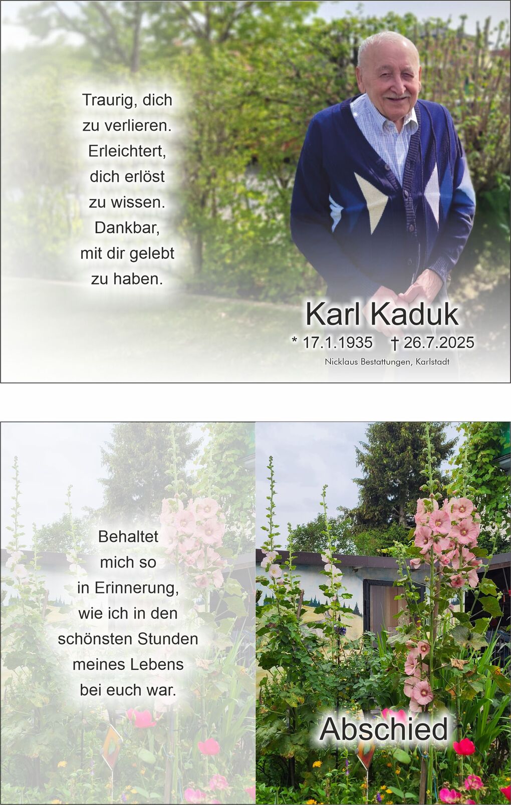 Gedenkbild mit Porträt von Karl Kaduk und Blumengarten, eingeschlossen von Trauergedichten und Erinnerungen.