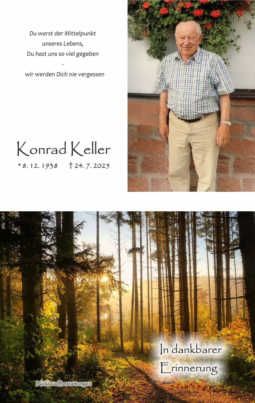 Trauerkarte f&uuml;r Konrad Keller mit Foto und Text &uuml;ber sein Leben und Andenken in einer herbstlichen Waldlandschaft.