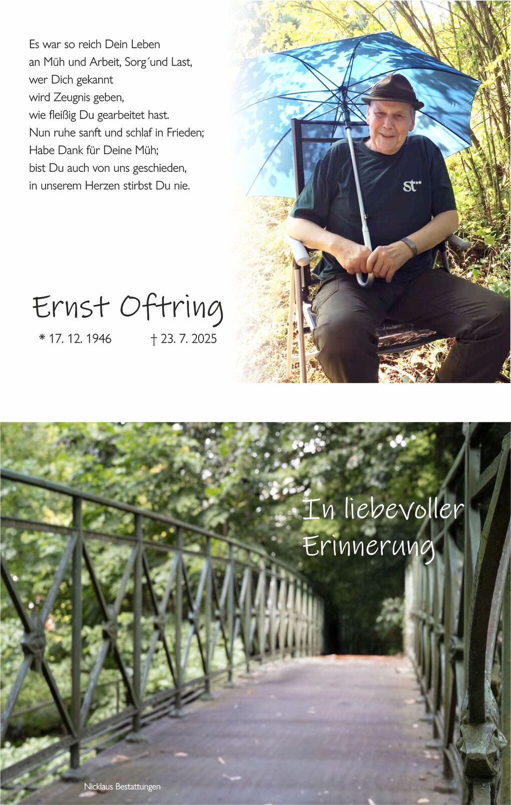 Trauerkarte mit Bild eines Mannes unter einem Sonnenschirm in der Natur und einem Br&uuml;ckenbild im Hintergrund.