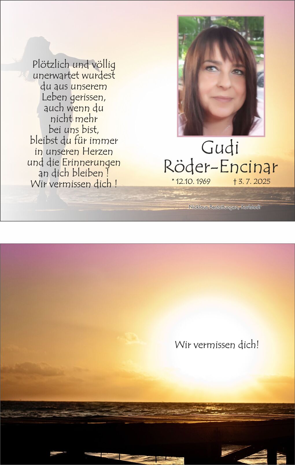 Gedenkseite mit Portr&auml;t einer Frau auf sanftem Sonnenuntergangshorizont, umgeben von liebevollen Erinnerungen.