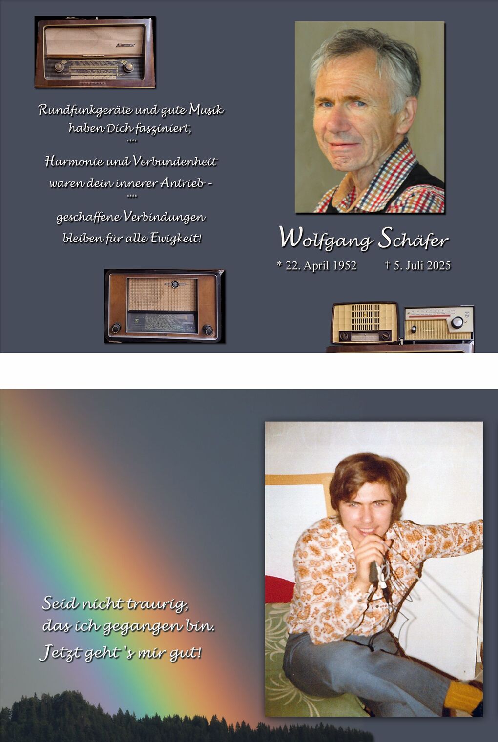 Collage mit einem Portr&auml;t von Wolfgang Sch&auml;fer und vintage Radios, umgeben von einem Regenbogen und tr&ouml;stenden Worten.