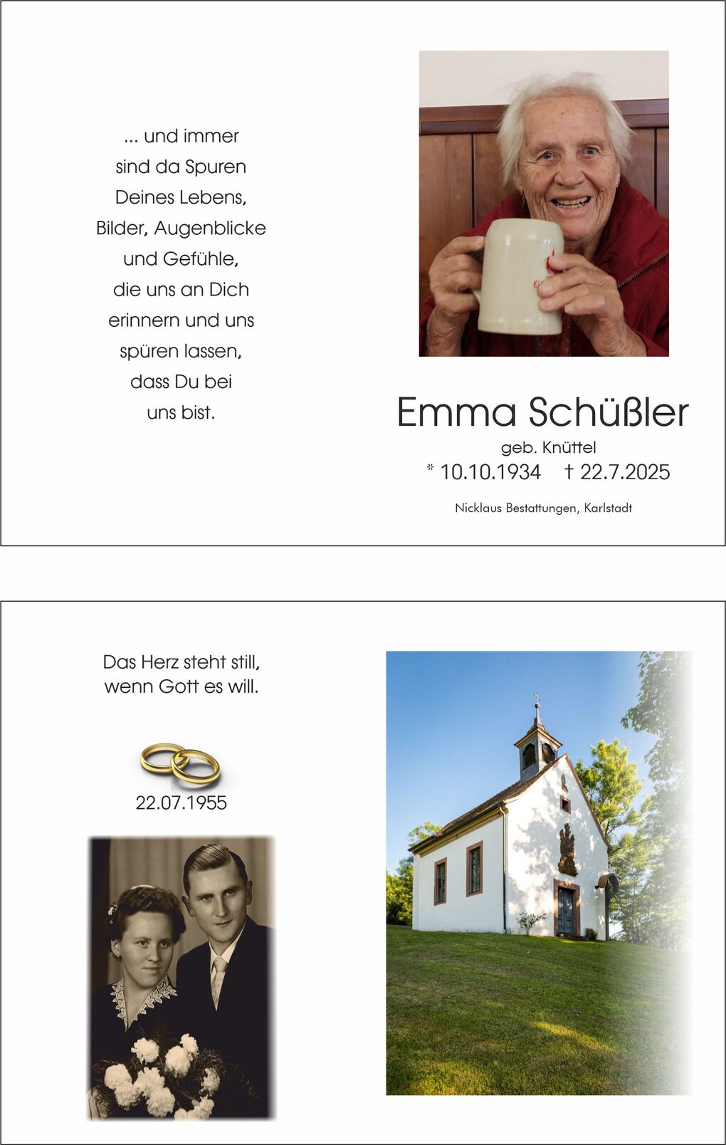 Portr&auml;t einer l&auml;chelnden &auml;lteren Frau mit Bierkrug, umgeben von beige-dunklem Holz, auf einer Trauerkarte.