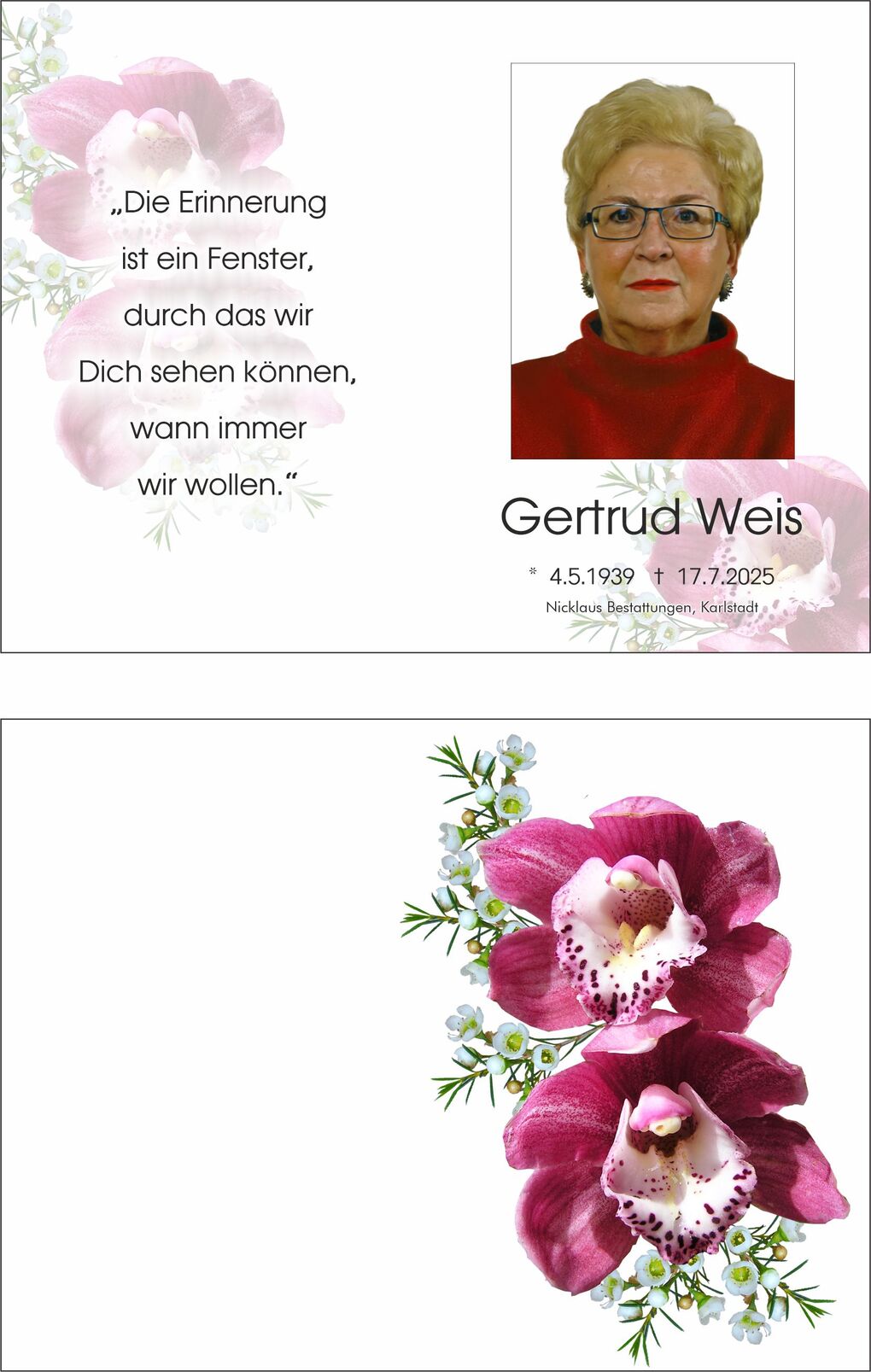 Traueranzeige mit dem Portr&auml;t von Gertrud Weis und einem Zitat, eingerahmt von Orchideen und Blumen. Geburts- und Sterbedaten.