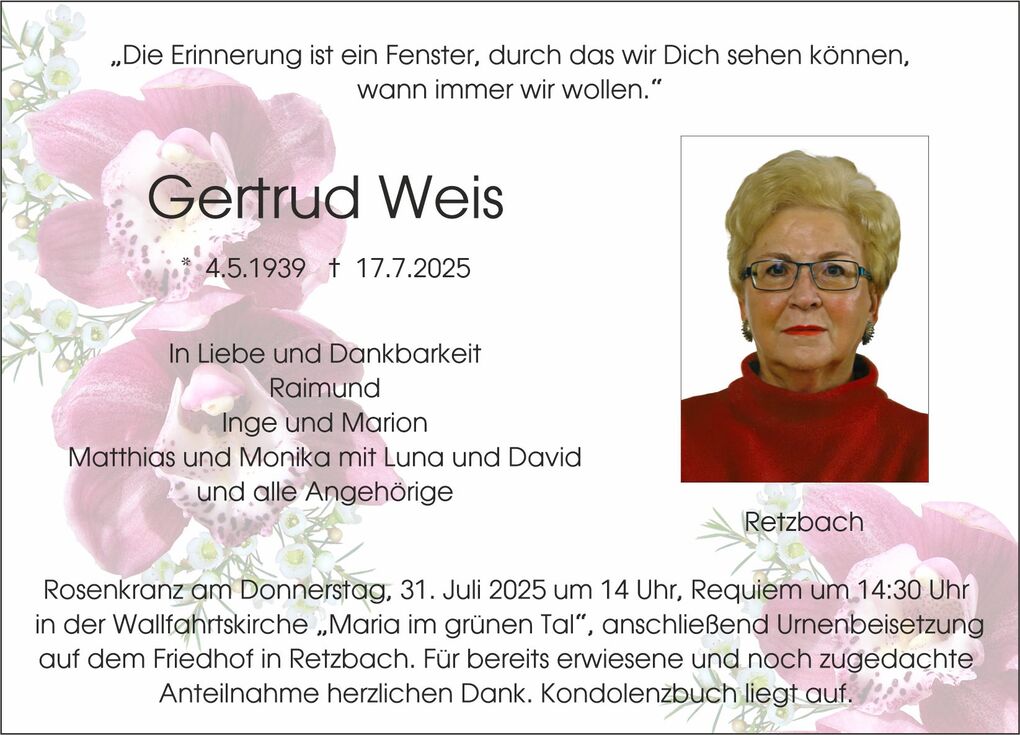Trauerkarte f&uuml;r Gertrud Weis mit Foto, Geburts- und Sterbedaten sowie Beileidsbekundungen und Termininformationen.