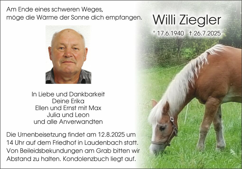 Traueranzeige mit Foto von Willi Ziegler, Datum und Einladung zur Urnenbeisetzung, umgeben von einem Pferd auf der Wiese.