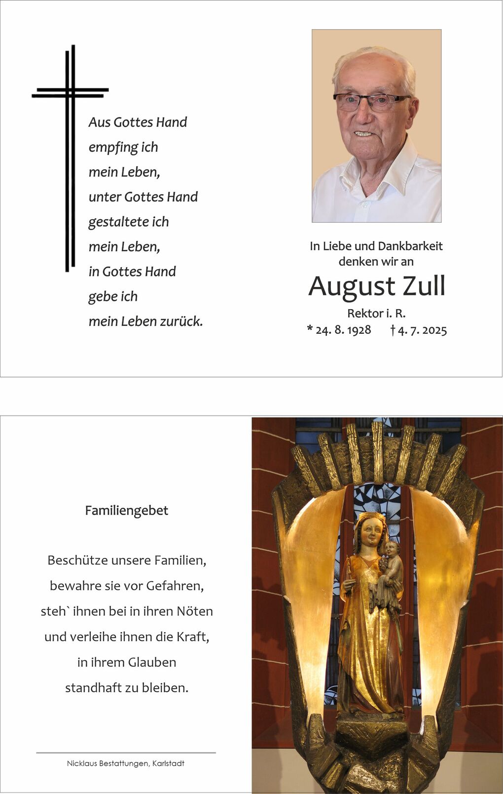 Gedenkkarte f&uuml;r August Zull mit Foto, Gebetstext und stilisiertem Kreuz. Bild zeigt eine Skulptur der Madonna mit Kind.