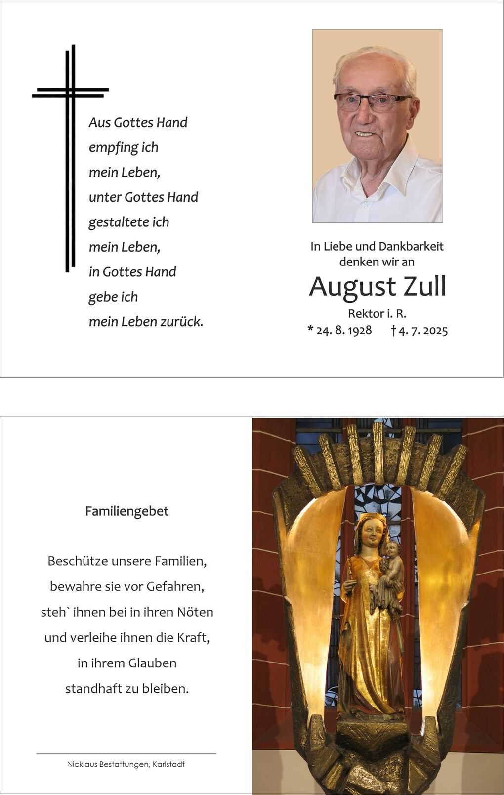 Gedenkkarte f&uuml;r August Zull mit Foto, Gebetstext und stilisiertem Kreuz. Bild zeigt eine Skulptur der Madonna mit Kind.