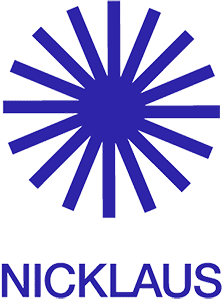 Logo von Nicklaus mit blauer Strahlenform und Schriftzug.