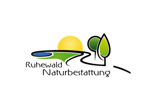 Logo der Naturbestattung Ruhwald mit stilisiertem Baum, Sonne und geschwungener Linie. Farben: Gr&uuml;n, Blau, Gelb, Schwarz.