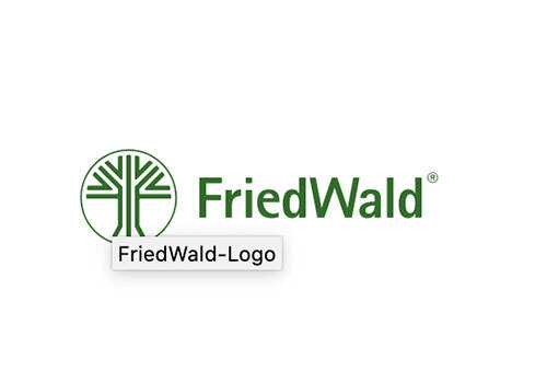 Logo von FriedWald mit stilisiertem Baum und Schriftzug in Gr&uuml;n. Kombination aus Symbol und Markenname.