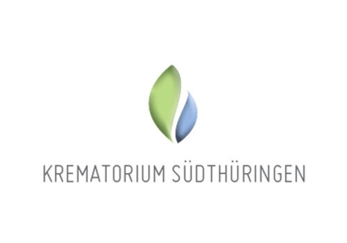 Logo des Krematoriums Südthüringen mit stilisierten Blattformen in Grün und Blau sowie Text darunter.