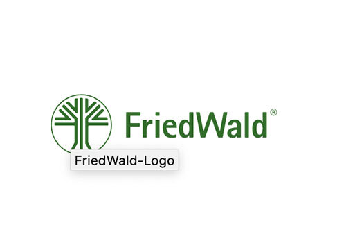 Logo von FriedWald mit stilisiertem Baum und Schriftzug in Grün. Kombination aus Symbol und Markenname.