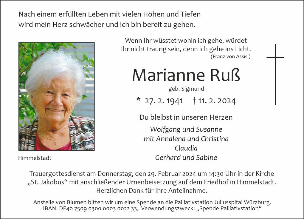 Bild eines Traueranzeigen mit einem Portr&auml;t von Marianne Ru&szlig; sowie Text zu Lebensdaten und Trauergottesdienst.